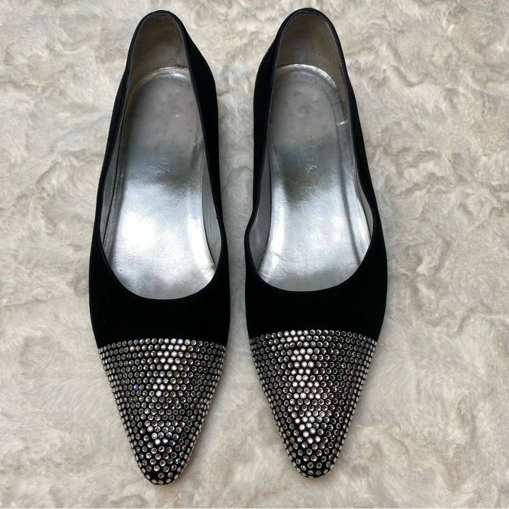 Escada Vero Cuoio Black Pointed Toe Crystal Rhinestone Velvet‎ Flats Size 39.5